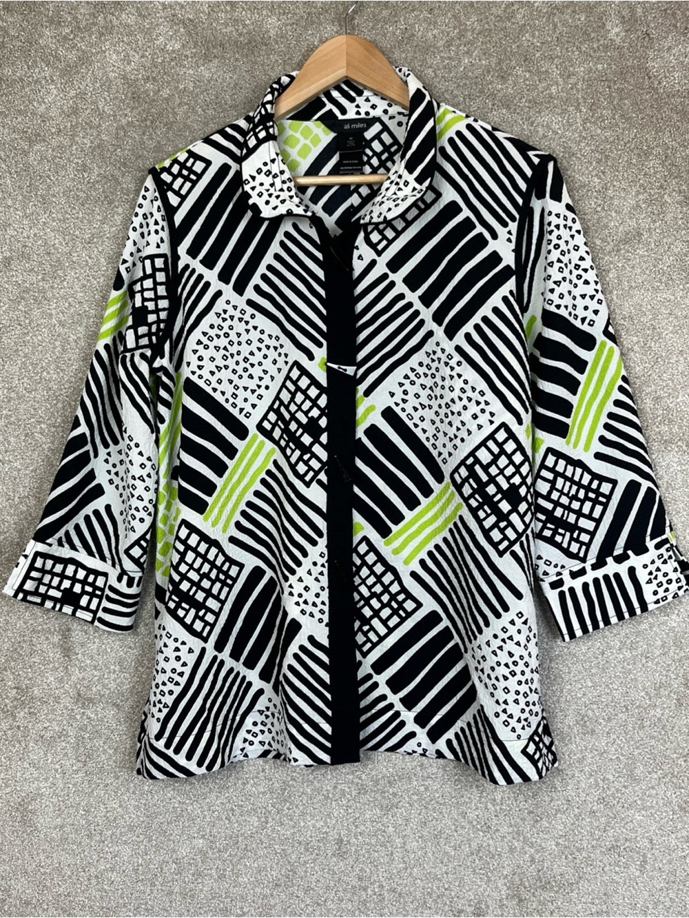 Ali Miles Shirt Womens Medium Black Green Button Front 3/4 Sleeve- 5208